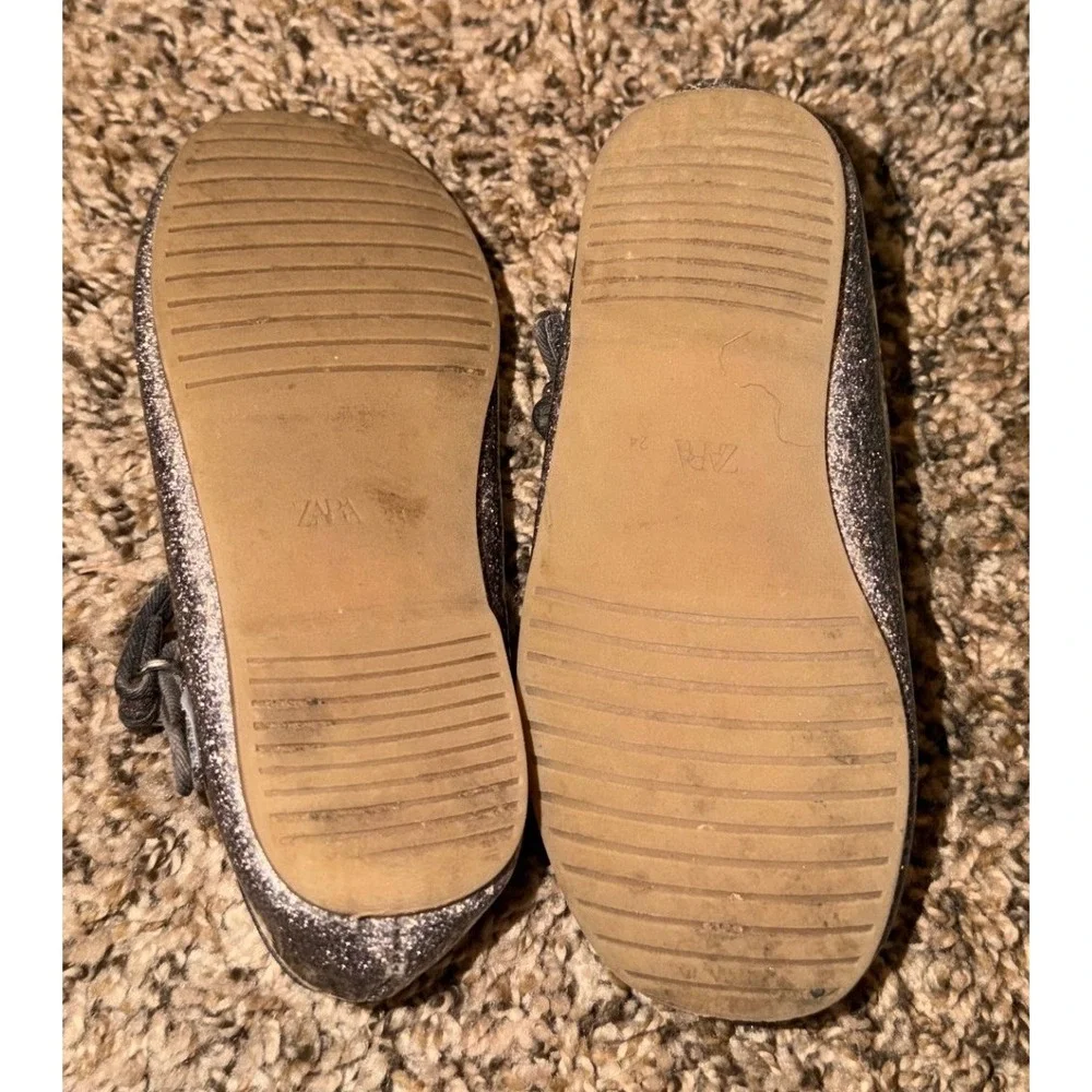Zara-Girls Dark Brown Silver Glitter Finish Mary Jane Ballet Shoes 9.5 (24)